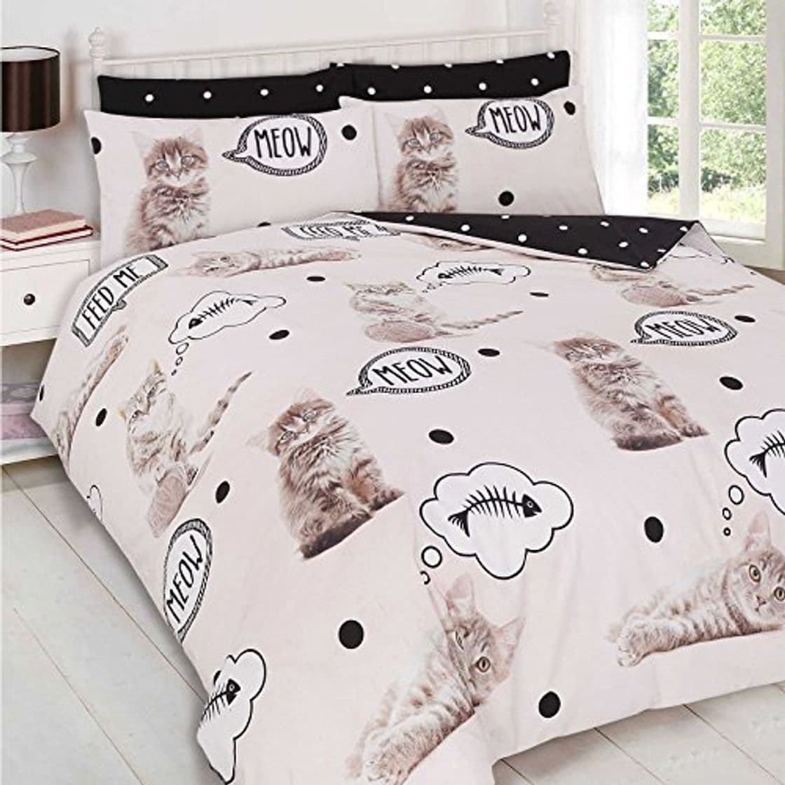 Product Dreamscene Animal Print Funda de edredón con funda de almohada juego de ropa de cama de gato figura de gato crema – Single