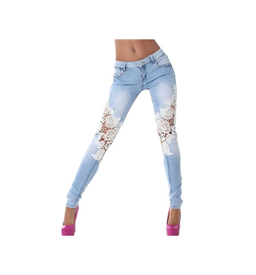 Fashion ZKOO Vaqueros Pantalones Mujer Floral Flaco Jeans Flacos Push up Mezclilla Pantalones Leggings Azul Claro