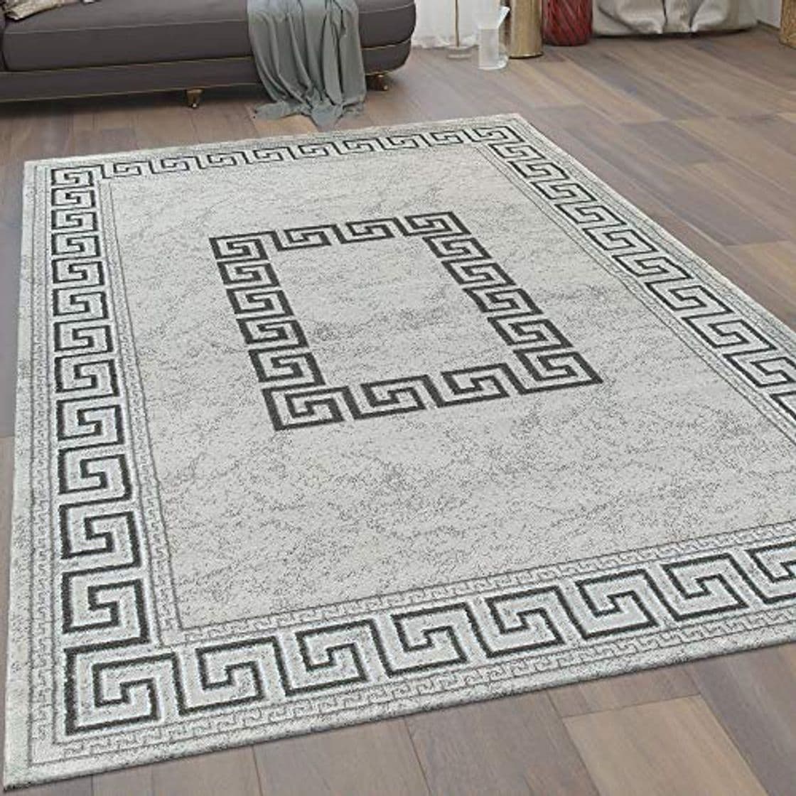 Place Alfombra Salón Pelo Corto Moderna Diseño Meandro Ribetes Gris Negro, tamaño