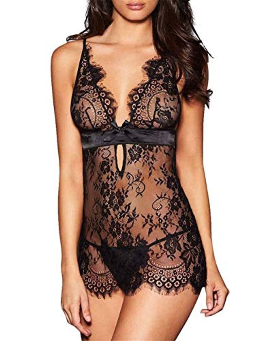 Moda SxyBox Chemise Mujer lencería Sexy erótica Transpatent Encaje Vestido sin Tirantes con Tanga