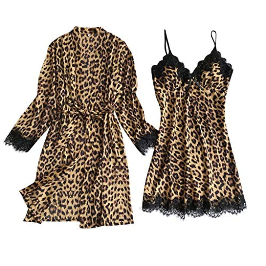 Fashion riou Pijama Mujer Sexy Seda Satinada Cárdigan Camisón Albornoz Albornoces para Mujer Ropa Interior Encaje Leopardo Atractivo Babydol Pijamas 2PC