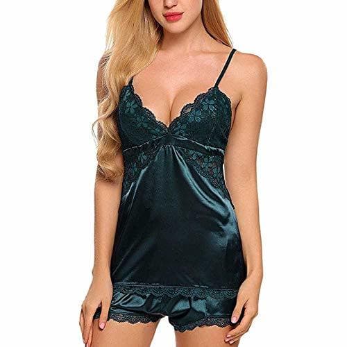 Place Conjunto de Pijama de Mujer Sexy Sling Costura Sexy Satén Encaje Moda