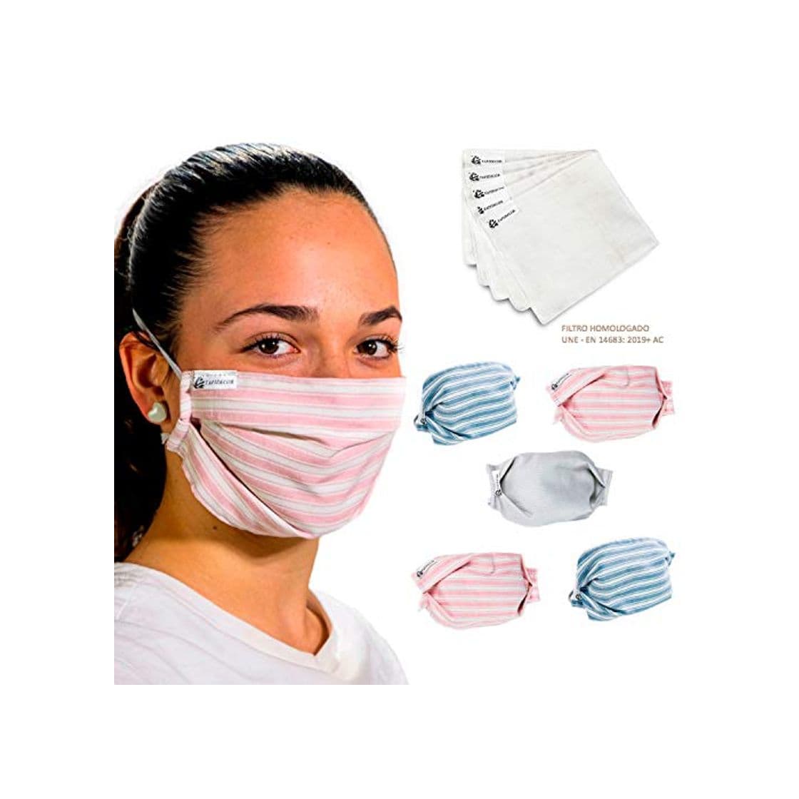 Product tapidecor Pack 5 Mascarillas Tela Lavables Reutilizables 3 Capas Algodón Rayas Doble