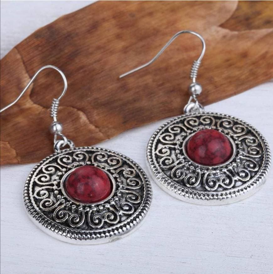 Moda Yazilind vendimia de plata tibetana redondo rojo Resina relieve cuelgan los pendientes