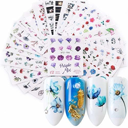 Belleza Pegatinas Uñas，Kapmore 24 Hojas Pegatinas Uñas Decorativas Nail Art Stickers Elegante Estampado