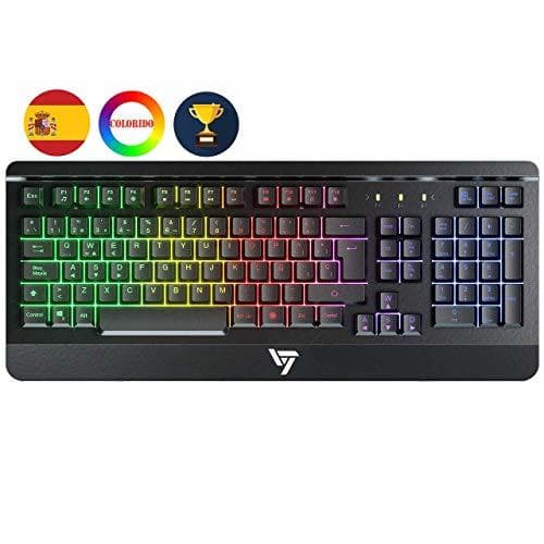 Electronic VicTsing Teclado Gaming Español USB, LED Multicolores Rainbow Retroiluminación y Panel Completamente