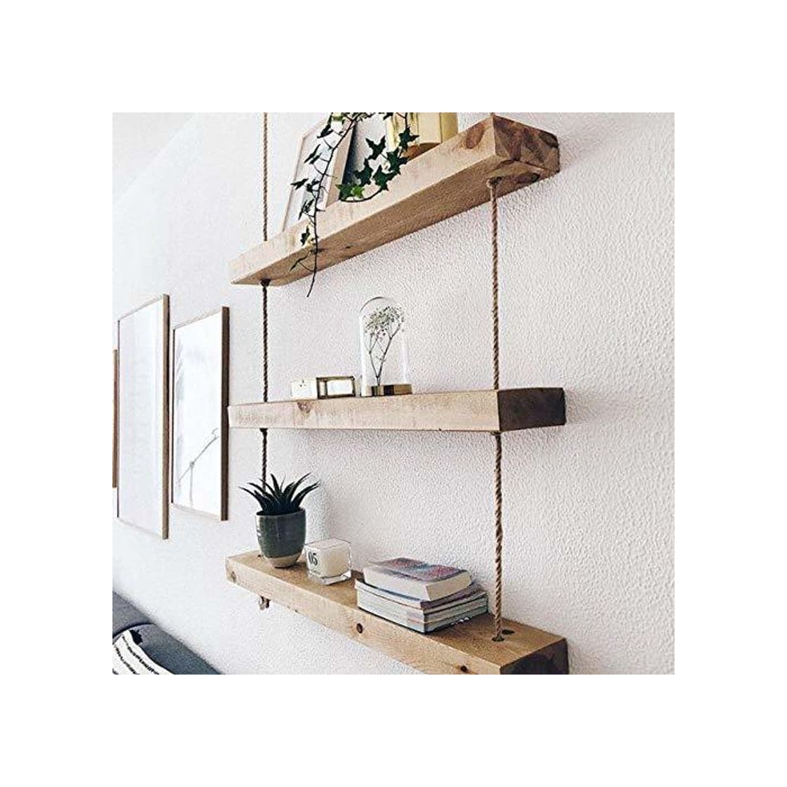 Product Hannun Estantería de Pared Makemba/Estantería de Madera Maciza y Cuerdas de Cáñamo