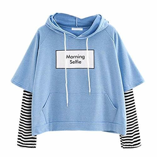 Lugar Hoodies Morning Selfie Moletom Women Striped Patchwork Hoodies Sweatshirts with Front Pocket