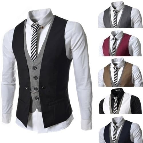 Fashion British Style Vest Plaid Faux Two Piece Men's Slim Vest Casu