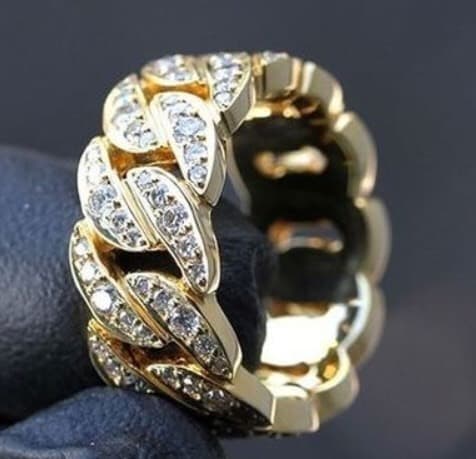 Fashion Solid 14K Yellow Gold Baby Cuban Link Ring Fully Iced Out Wi