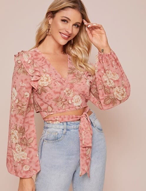 Fashion Blouse cache coeur en mousseline courte a imprimé floral 