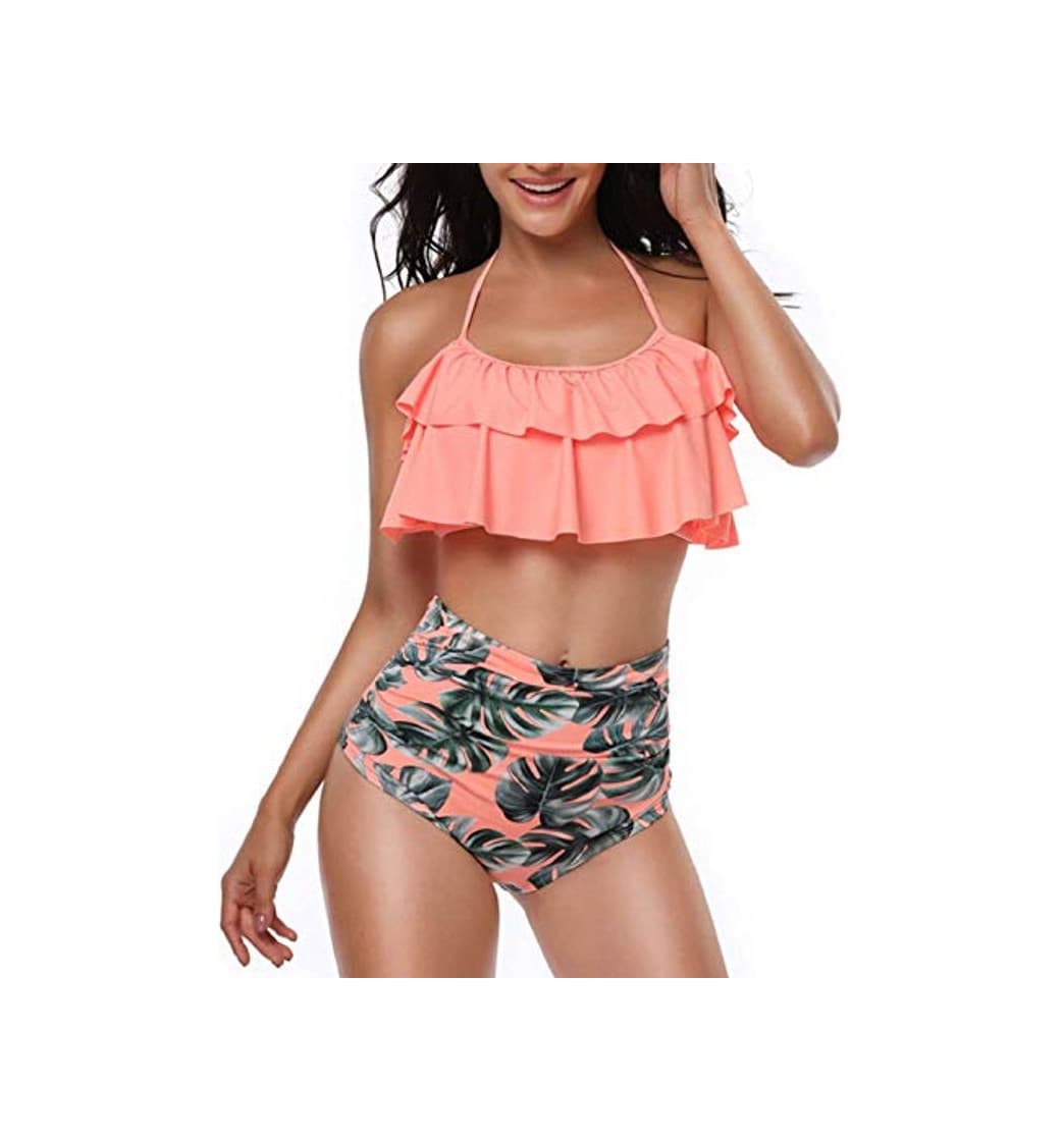 Product heekpek Conjunto de Bikini Mujer de Cintura Alta Traje de Baño de Dos Piezas Volantes Correas de Espagueti Bañador Plisado Estampado Rayas Ropa de Playa Tallas Grandes