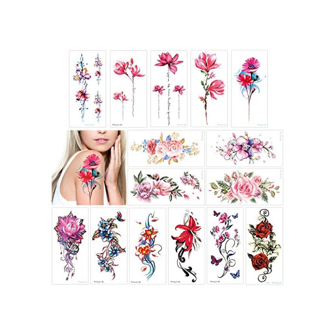 Product Konsait Tatuajes Temporales para Adultos Mujeres Niños, 15 grande Hojas Impermeable flor