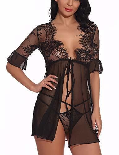 Producto FeelinGirl Mujer Camisón Sexy Abierta de Encaje Flores Transparente Ropa Erótica con