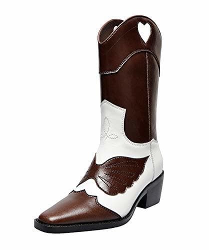 Product SimpleC Mujer Pull On Cowboy Botas Vaqueras a Media Pantorrilla Blanco chocolate39