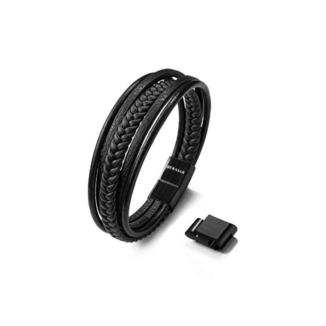 Fashion SERASAR 21cm Negro Pulsera de Cuero Hombre Chico Pulseras Hombres Brazalete Brazaletes Pulso Muñequera Muñequeras Bisuteria Bisutería Joyeria Nudos Cuerda Cuerdas Bracelet Men Jewellery Unisex Ancha