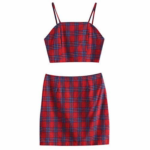 Product ZAFUL Falda a Cuadros, Crop Top Spaghetti Straps Mini Vestido Informal Corto