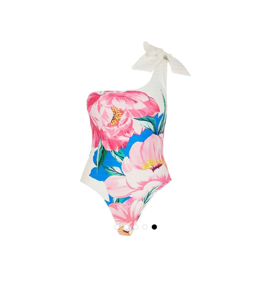 Fashion White floral one bow shoulder swimsuit