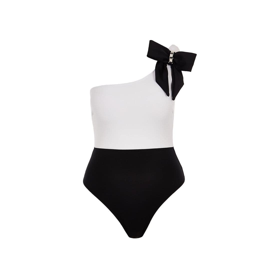 Fashion Black monochrome one bow shoulder swimsuit