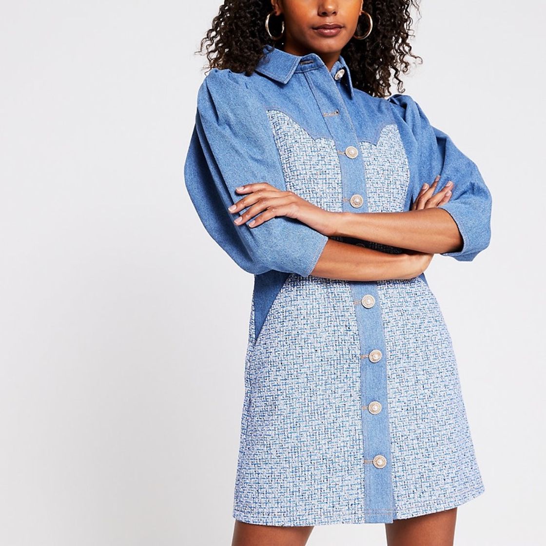 Fashion Blue denim boucle mix shirt dress