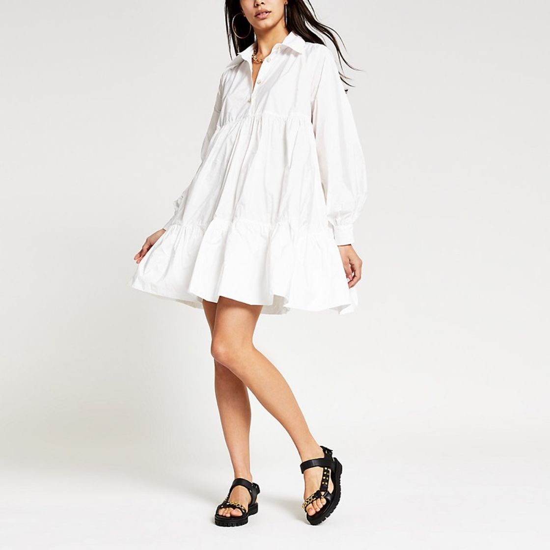 Fashion White long sleeve babydoll shirt mini dress