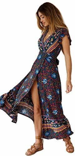 Fashion Mujeres Sexy Cuello En V Vestidos Bohemio Wrap Floral Impreso Vintage Estilo