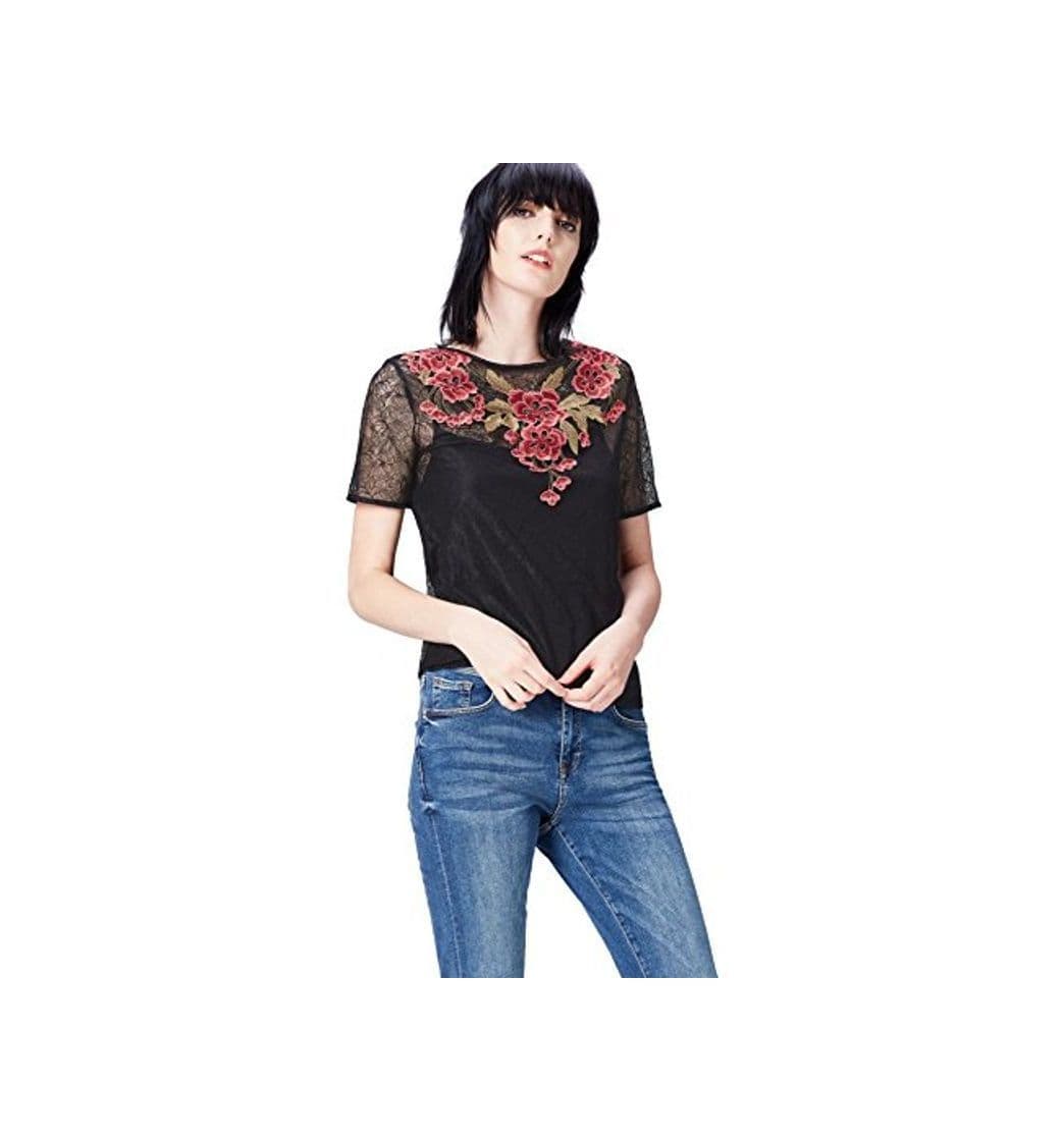 Product Marca Amazon - find. Blusa de Encaje con Bordado para Mujer, Negro