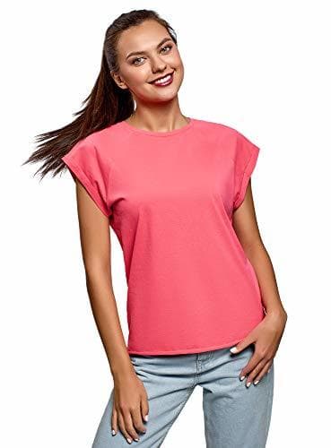 Lugar oodji Ultra Mujer Camiseta Básica de Algodón con Borde No Elaborado, Rosa,