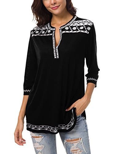 Fashion Urban GoCo Mujer Camisas Manga 3/4 Boho Blusa Bordado T-Shirt Tops