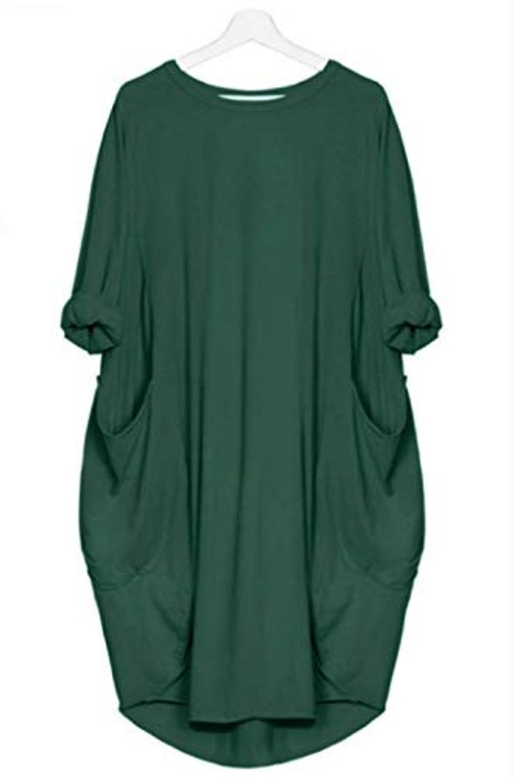 Product Vestido Holgado Casual para Mujer Bolsillos con Cuello Redondo Vestidos A Media Pierna De Color Sólido 2Xlverde