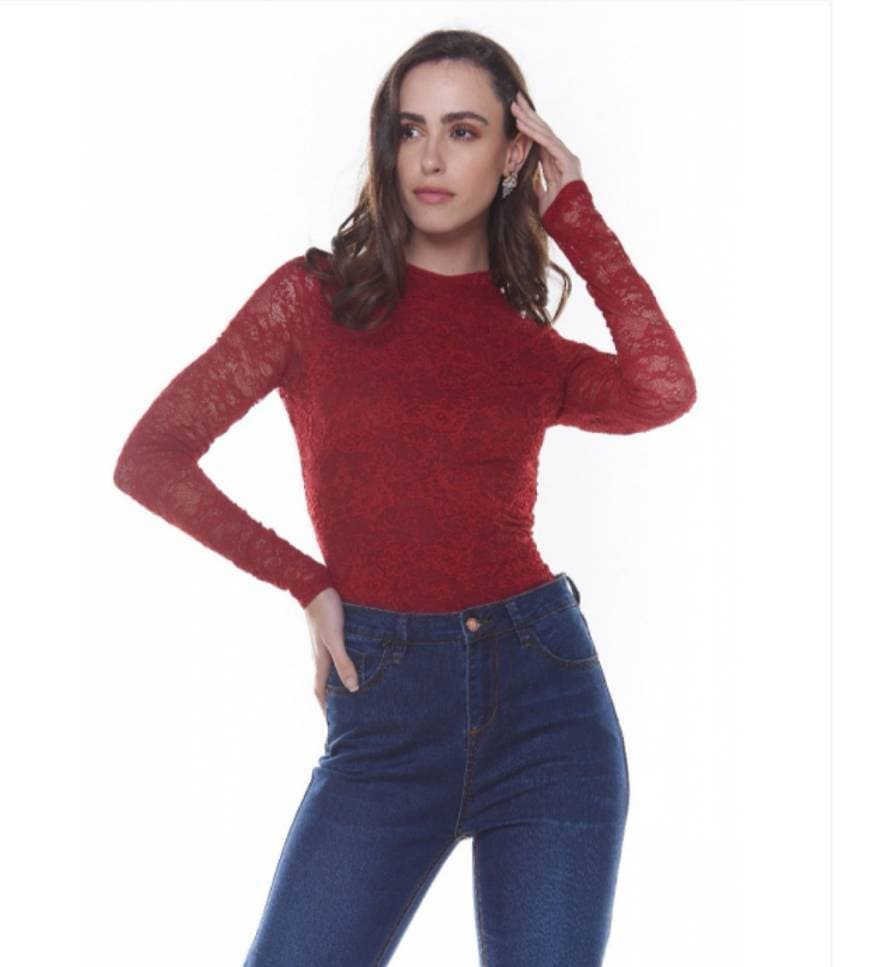 Moda Body de renda com mangas longas e docte nas costas