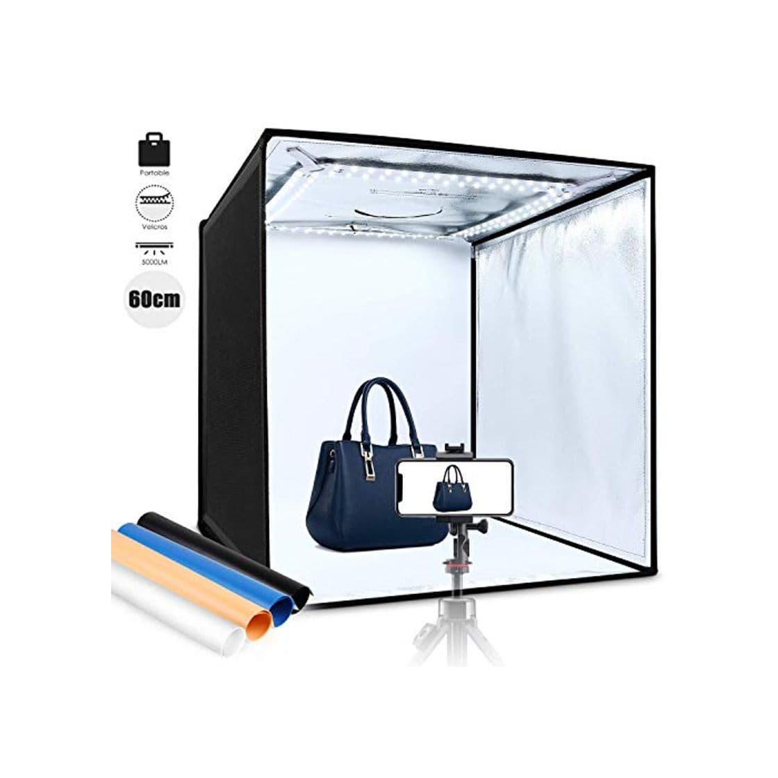 Producto Amzdeal Caja de Luz Fotografía 60x60x60cm Portátil Plegable LED 5000LM 5500K, 4