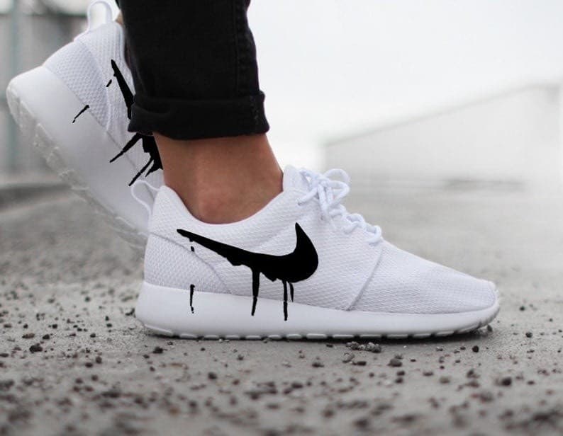 Product Nike Roshe White with Custom Black Candy Drip Swoosh Paint