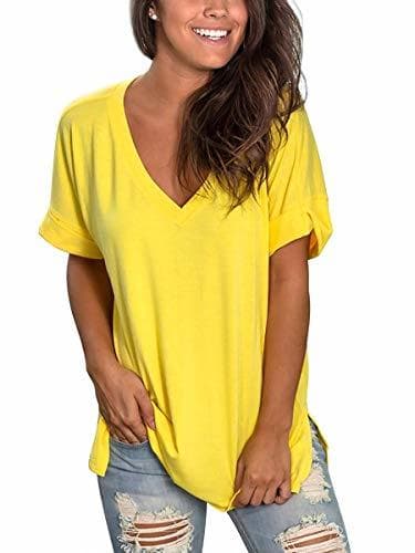 Producto Tallas Grandes de Mujer Camisetas Manga Corta Verano Cuello V Blusa Amarillo