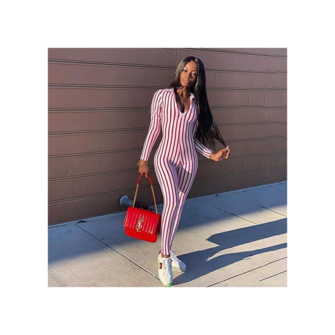 Producto SilltKY Fashion Autumn Women Long Sleeve Striped Jumpsuit Romper Ladies Slim Fit Casual Clubwear Wide Leg Long Pants Outfits M Pink