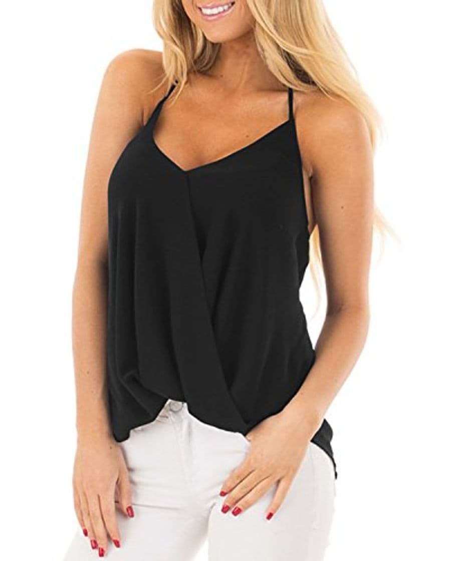 Producto ACHIOOWA Mujer Camiseta Sin Manga Cuello V Blusa De Tirantes Sin Hombros Tanque Espalda Descubierta Escote Camisola Casual Chaleco Elegante Playa Beachwear Sundress Negro L