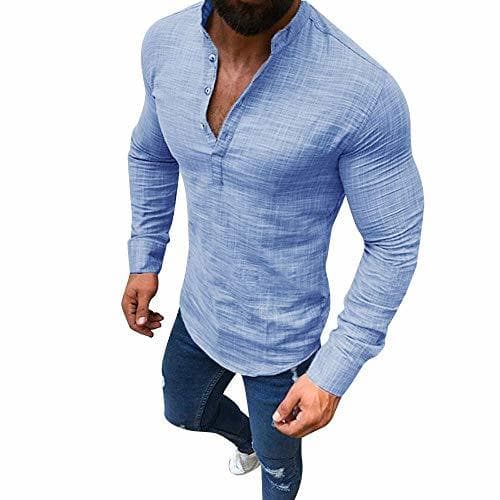 Product Blusa de Hombre BaZhaHei Camisetas de Hombre Abierta de Color sólido Lino