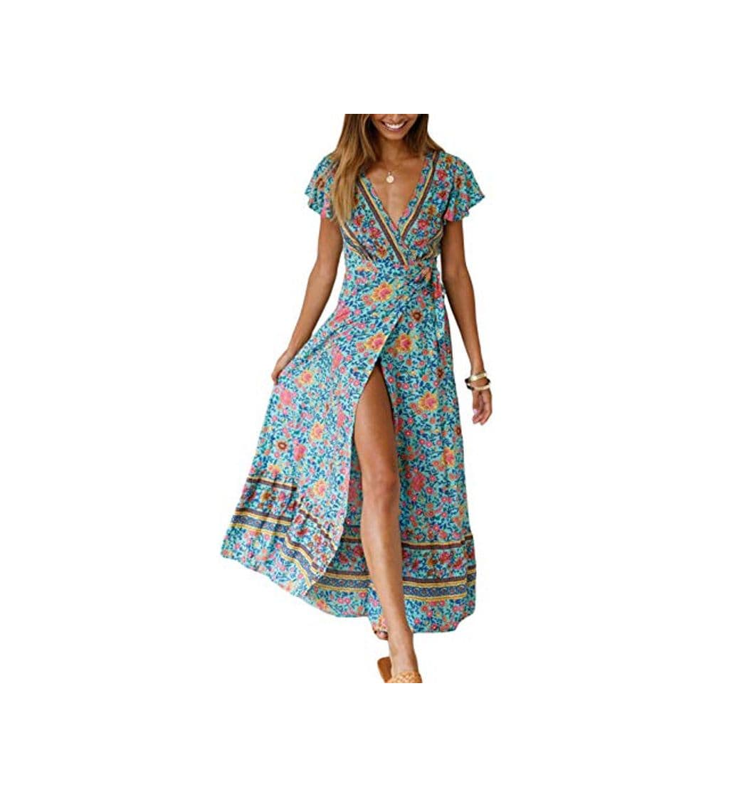 Product Vestido Mujer Bohemio Largo Verano Playa Fiesta Floral Manga Corta Cuello en V Talla Split Wrap Maxi Vestidos 6 L