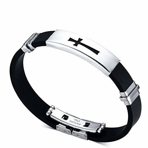 Producto MHOOOA Hombres Negro Cruz Punk PU Banda de Acero Inoxidable Corchete Brazalete