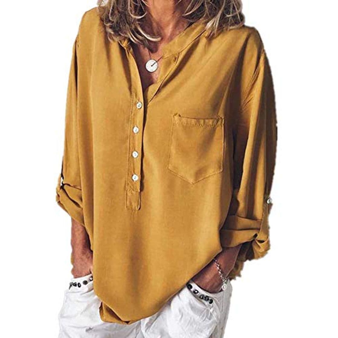 Moda Blusa de algodón para Mujer Camisa de Manga Larga con Cuello de otoño Tops Sueltos Casuales Tallas Grandes