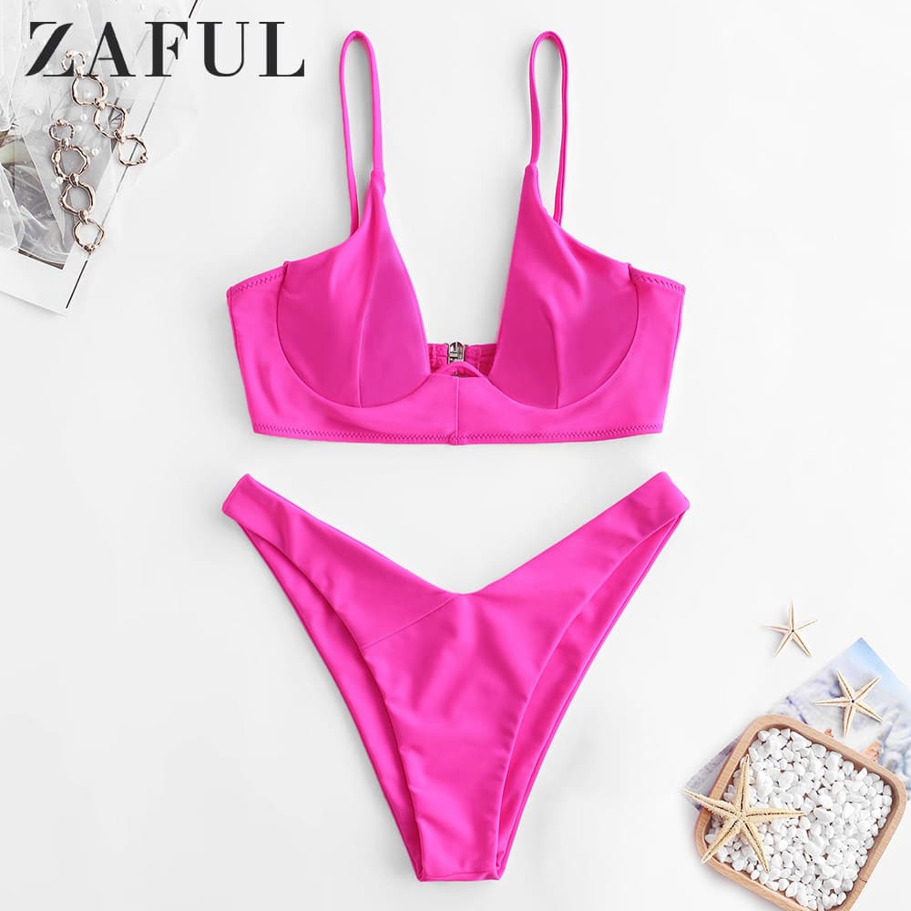 Producto ZAFUL Mujer Sólido Tanga Corte Alto Bikini Conjuntos