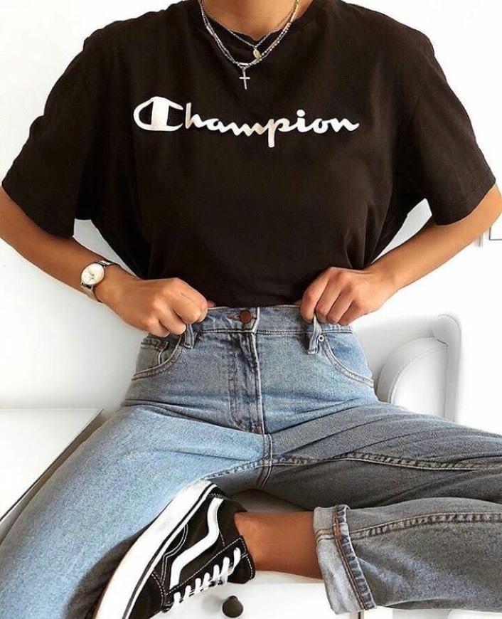 Moda Champion Classic Logo para Hombre Camiseta, Negro