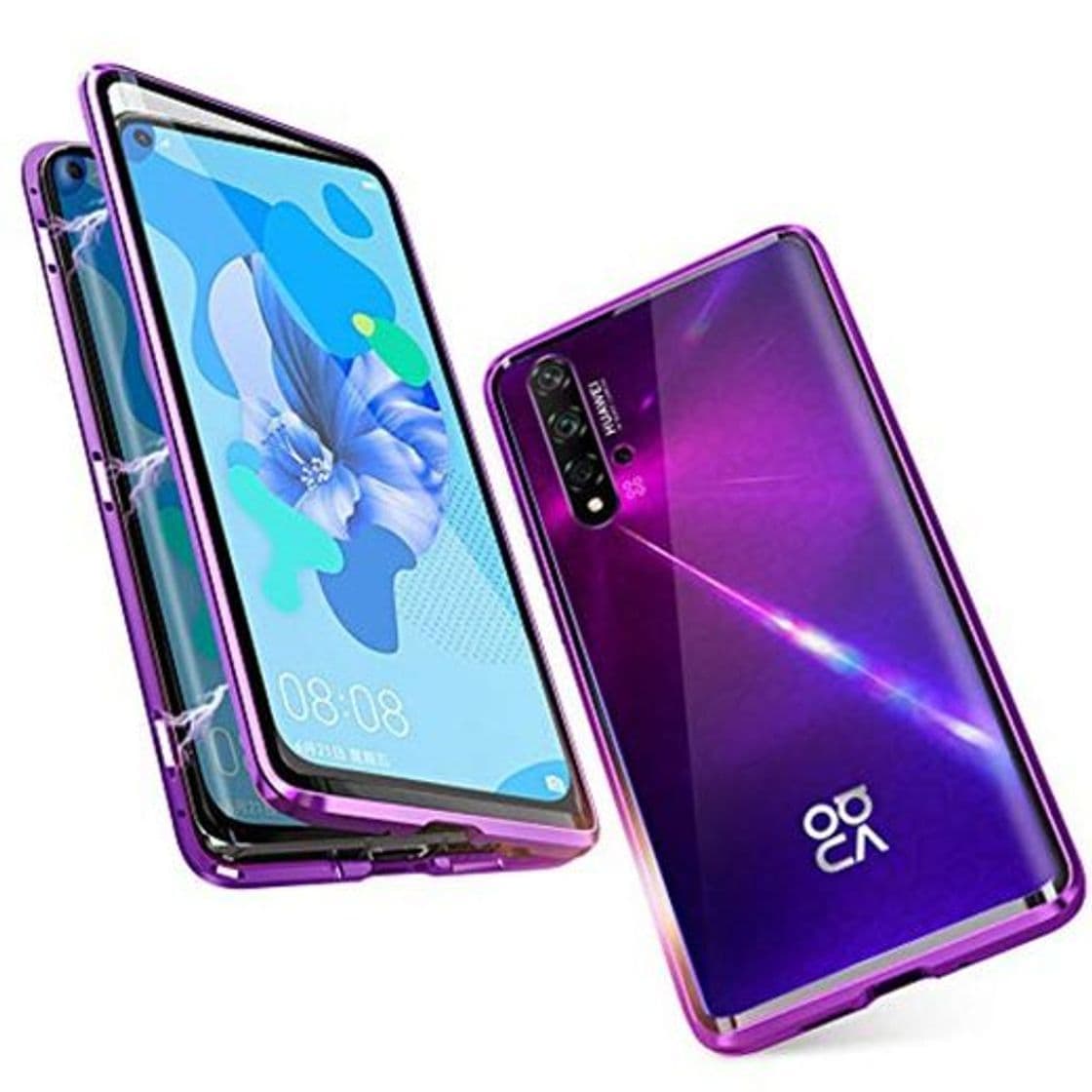 Product DoubTech Funda para Huawei Nova 5T Carcasa Adsorcion Magnetica Tech Cover 360 Grados Protección Marco Aluminio Vidrio Templado Imán Fuerte Metal Flip Case