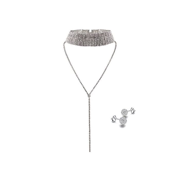 Producto Floweralight Largo Piedras de Strass Collares Plata Rhinestones Choker Brillantes Plata Collar