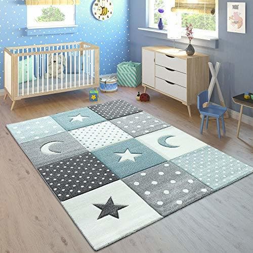 Producto Paco Home Alfombra Infantil Pastel Cuadros Puntos Corazones Estrellas Blanco Gris Azul,