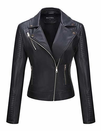 Moda Bellivera Chaqueta de Cuero PU para Mujer(Negro)