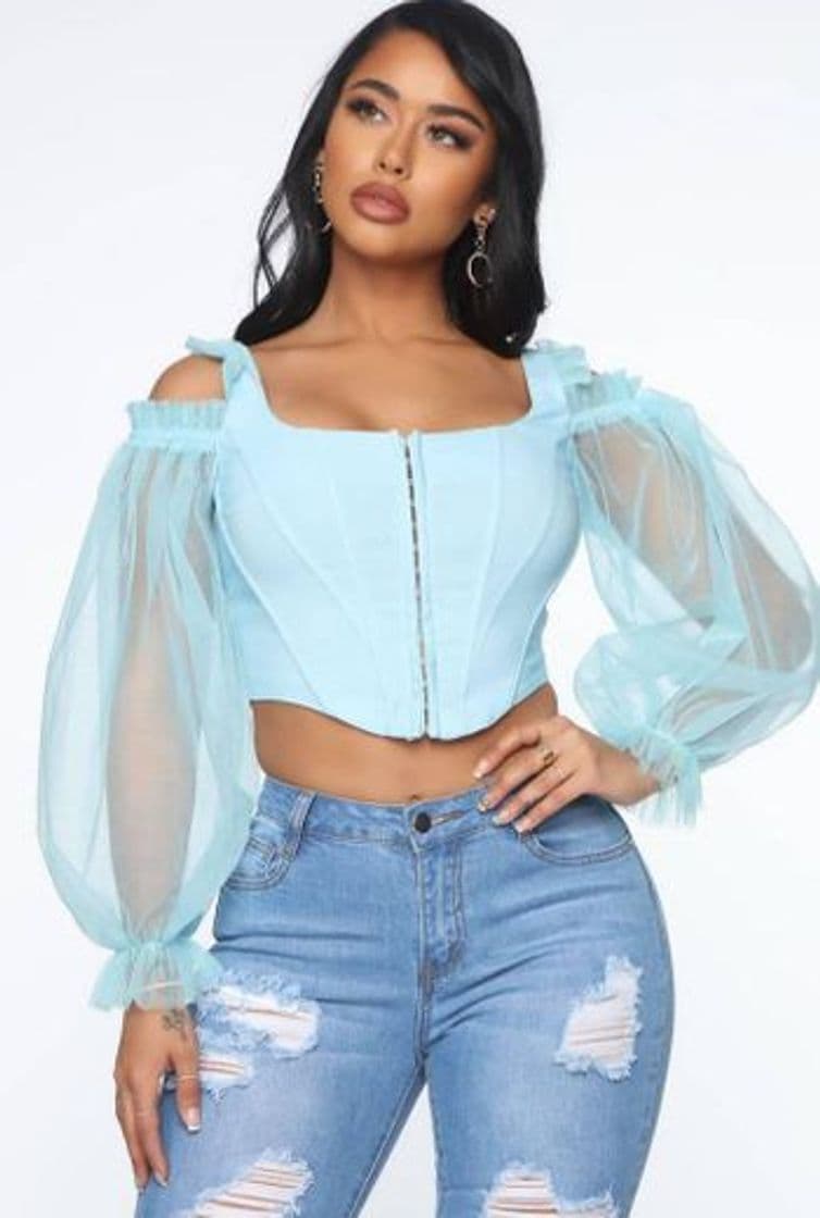 Moda Corset ruffle top blue