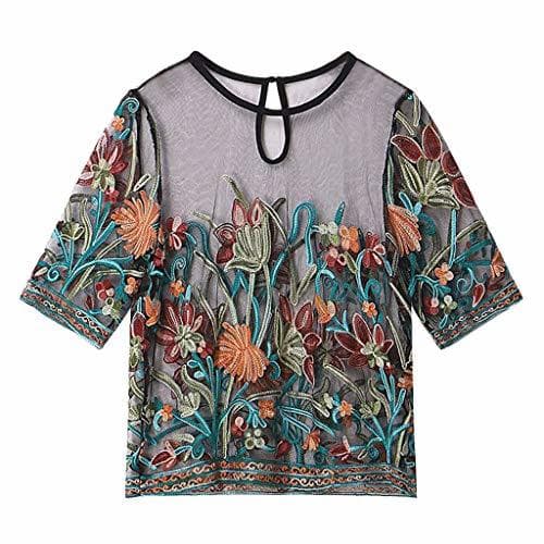 Product Luckycat Mujeres Hueco Bordado Transparente Cuello Redondo Manga Corta Camiseta Top Blusa