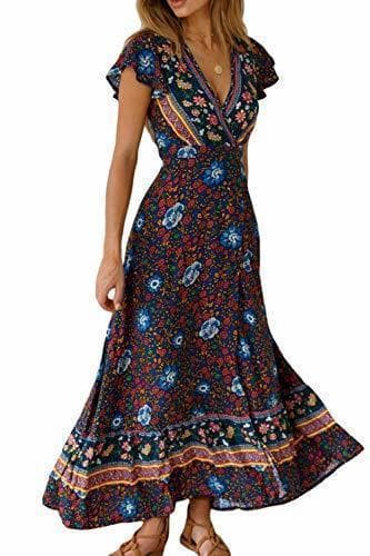 Fashion Vestido Mujer Bohemio Largo Verano Playa Fiesta Floral Manga Corta Cuello en