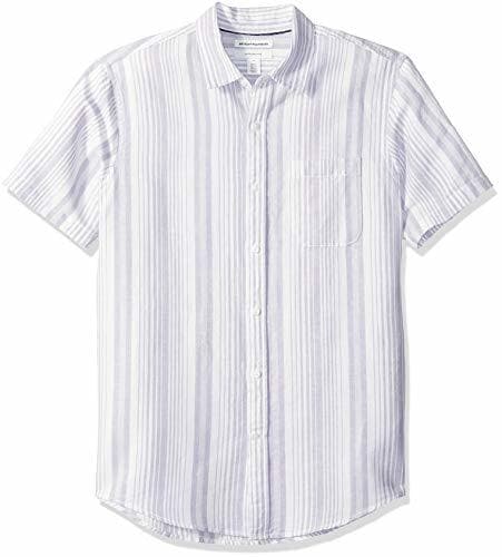 Moda Amazon Essentials - Camisa de lino a rayas, de manga corta y